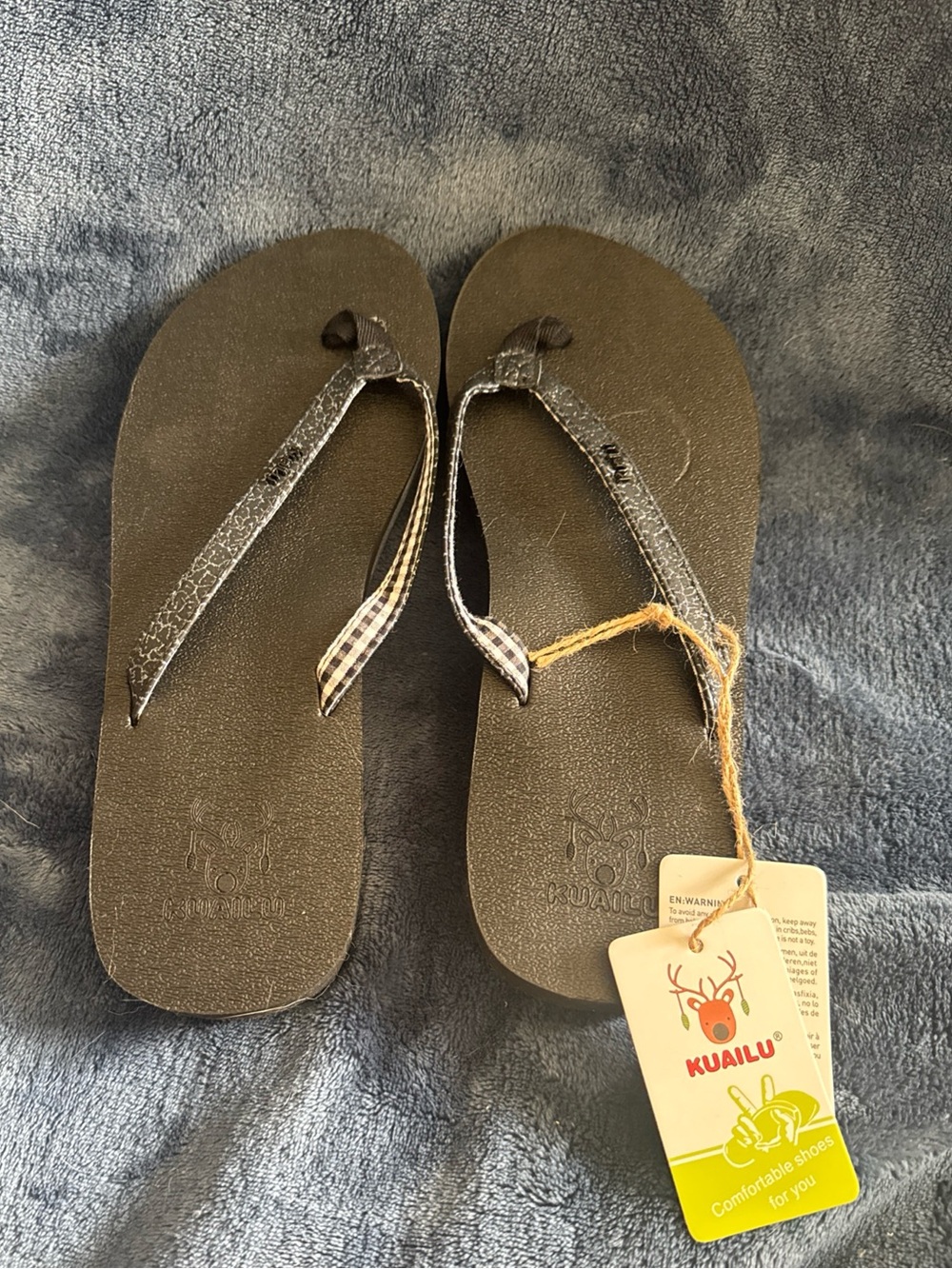 New Kuailu Women’s Black Flip Flops Sandals Thong Size 10 Arch Support Beach